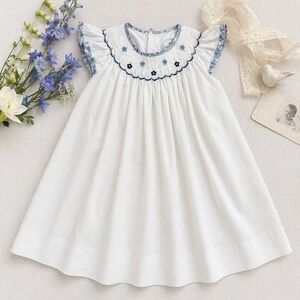 Simply Smock Baby Girl Smocked Dress White Blue 12M Heirloom Easter Baptism